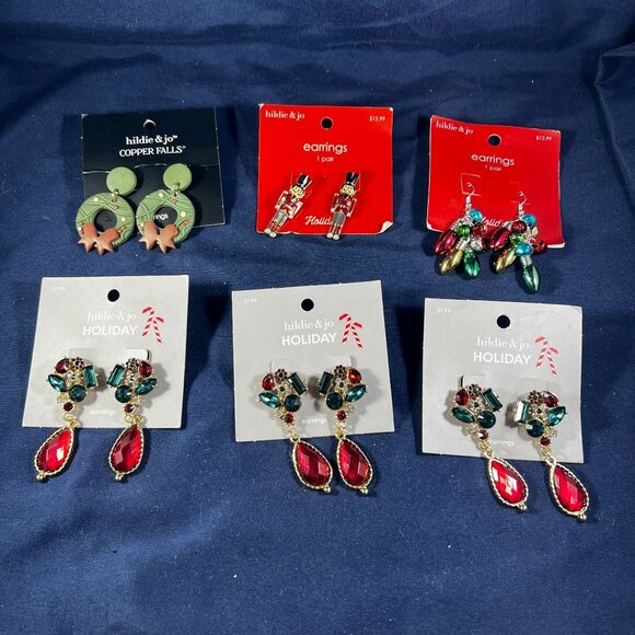 Hildie & Jo Holiday Earrings Set Of 6 - Festive Designs With Nutcracker Gem Drop - Picture 1 of 7